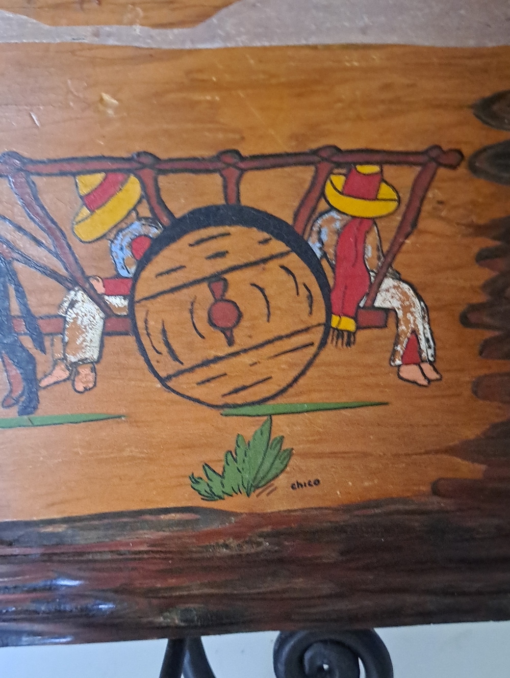 Vtg Mexican Folk Art Plaque Featuring Hand Painted Scene Of Farmer Oxen Cart - Picture 3 of 5